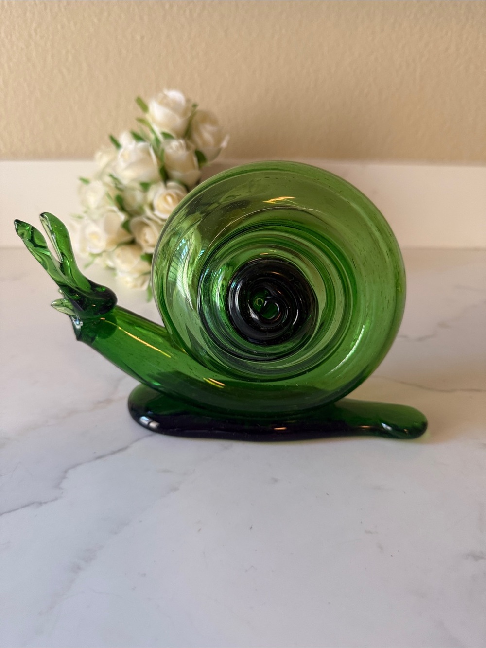 Vintage Green Glass Snail Figurine FLAW